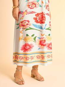 CAJUNI Vestido largo sin mangas con escote en V y estampado tropical de plantas coloridas para mujer de talla grande, uso casual de playa y vacaciones, verano - Multicolor - Ver 7