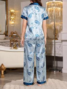 女士优雅腰果花卉印花仿丝蓝色撞色饰边短袖上衣和裤子睡衣套装