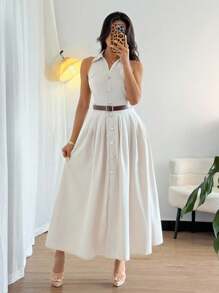 Rafferiza 女式束腰 V 领无袖开衩纽扣衬衫裙 - 卡其色 - 查看 6