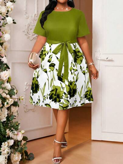 SHEIN Lady Váy Midi tay ngắn cỡ lớn thanh lịch đi làm văn phòng thường ngày Boho dệt kim cổ tròn xòe thắt lưng mùa xuân và mùa hè trang phục mùa hè cho phụ nữ váy mùa hè cho phụ nữ trang phục công sở cho phụ nữ váy đi nghỉ quần áo phụ nữ mùa hè