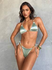 Aloruh Traje de baño de una sola pieza con detalles de cuentas, en color verde brilloso, con tirantes ajustables y Bottom tipo tanga, conjunto de ropa de baño para vacaciones en la playa o fiesta