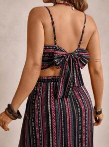 Freevana Plus Size Vacation Camisole & Elastic Waist High Slit Skirt 2pcs Set,Holiday Outfits Boho