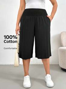 SHEIN Essnce 大码女装春夏时尚休闲宽松舒适凉爽透气日常黑色亚麻短裤阔腿裤，女式下装，简约风格，宽松裤，亚麻裤女，度假装 - 黑色 - 查看 6