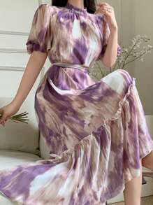 Modelyn 休闲扎染印花荷叶边下摆女式连衣裙