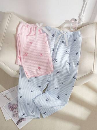Eraneu 2pcs Women Pink & Blue Striped Heart & Bow Decor Pants Set, Fall Clothes Cozy And Elegant Details, Winter