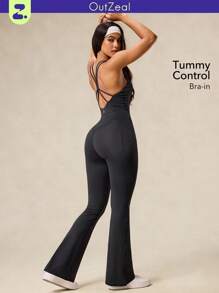 OutZeal Sweat Wicking Crossover Strap Backless Removable Pads Side Pocket Flared Jumpsuit Daily - Black - View 1