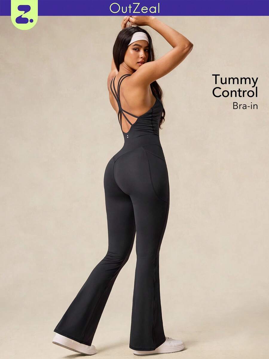 OutZeal Sweat Wicking Crossover Strap Backless Removable Pads Side Pocket Flared Jumpsuit Daily - Black - View 1