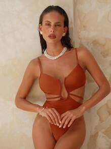 Swim Chiccia 1pc Women's V-Neck Cutout Elegant Split Shoulder One-Piece Swimsuit For Holiday For Summer Beach Vacation - Mocha Brown - View 2