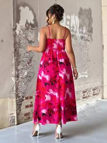 Breezaya Plus Size Rose Red Ditsy Floral Slit Spaghetti Strap Backless Drawstring Waist Vacation Casual Dress - Rose Red - View 2