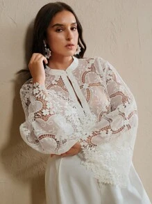 Anewsta 加大码女式法式白色蕾丝衬衫，2025年新品，高端独特设计优雅长袖上衣，夏季 - 白色 - 查看 7