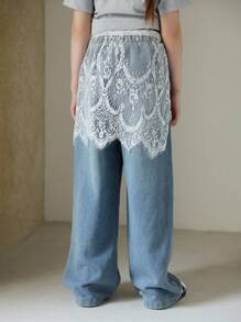 Jeans de mezclilla largos y sueltos con tirantes, estilo coreano informal para niñas preadolescentes - Azul lavado medio - Ver 2