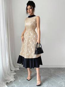 Elenzga 女士优雅时尚通勤休闲舒适迷人复古简约高端高贵优雅无袖翻领腰部 A 字下摆拼色荷叶边纹理面料设计连衣裙 - 杏色 - 查看 6