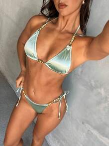 Aloruh Traje de baño de una sola pieza con detalles de cuentas, en color verde brilloso, con tirantes ajustables y Bottom tipo tanga, conjunto de ropa de baño para vacaciones en la playa o fiesta