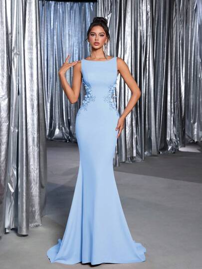 Glamrae Elegantes gestricktes Boot-Ausschnitt-Kleid mit 3D-Blumenstickerei, Taille-Ausschnitt Meerjungfrau-Maxikleid für Dates, Einzelpartys, Abschluss, Hochzeiten, formelle Anlässe, Abendkleid