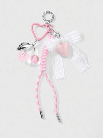 Kawaii 1 pieza Elegante llavero, dije de teléfono, colgante de bolso de resina acrílica rosa con diseño de cereza, lazo y trenzado degradado - Accesorio versátil y de moda, regalo ideal para mujeres y niñas