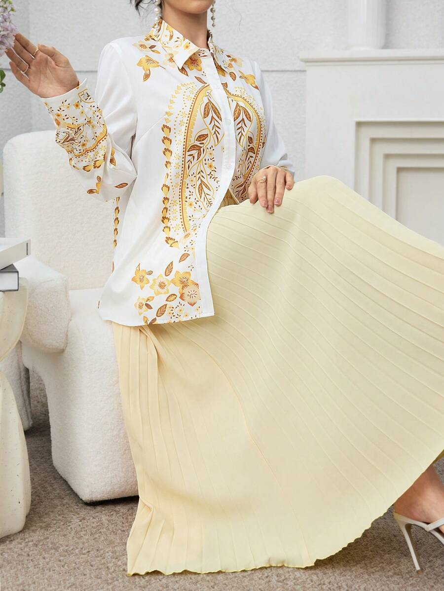 Modelyn 女士优雅两件套植物印花长袖衬衫和百褶中长裙，春夏两件套秋季女装 - 黃色 - 查看 1