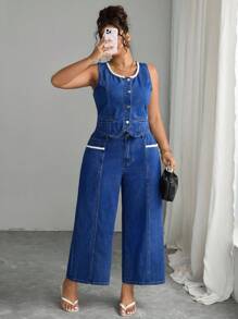 Elenzga Modische lässige ärmelloser Denim Jacke mit Perlendekor für Große Größen