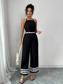 Rafferiza 女式宽腿宽松蕾丝连体裤，垂坠效果，黑色直腿款式 - 黑色 - 查看 4