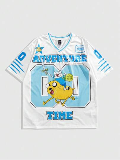 ROMWE MEN Adventure Time X ROMWE Men's Cartoon And Letter Graphic Pointelle Knit Sports Short Sleeve T-Shirt, Athletic Jersey