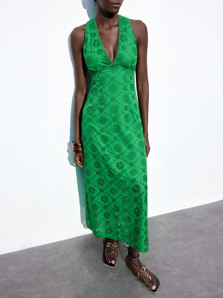 SHEIN Maija Spring/Summer New Sage Green Eyelet Embroidery Lace Hollow-Out Fabric Criss-Cross Resin Ring Decor Design Women's Dress, Elegant For Carnival, Party, Valentine's Day, School, Music Festival, Formal Social, Urban Commute Women Easter Summer Outfits Easter Dress Women Party Top Beach Dress Summer Holiday Outfits Each Vacation Outfits For Women Casual Holiday Beach Cruise Travel  Romantic, Fashion, Versatile; Suitable For Summer Vacation, Comfortable, Bohemian Style, Beach Wear, Simple Daily Wear, Country Style, Essential, Solid Color, Holiday Casual, Decent, Single Lady,