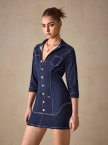 SHEIN BAE Damen Denim Kleid, elegant für Arbeit/Pendeln, gearbeiteter Denim, goldfarbene Stickerei-Details, Klassiker-Serie - Blau - Übersicht 3