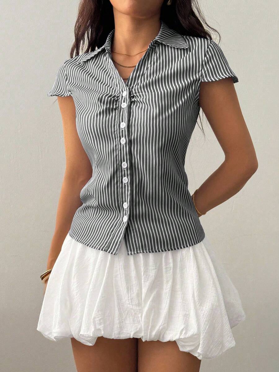 Flirla Casual Front Opening Hooded Short Sleeve Shirt With Tie Cinched Waist - Black and White - View 1
