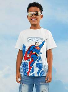 SUPERMAN X SHEIN 青少年男孩休闲卡通英雄和字母图案短袖白色 T 恤，夏季 - 彩色 - 查看 5