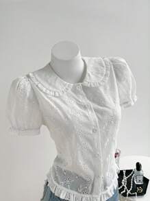 SHEIN Unity 白色花卉激光切割镂空刺绣领泡泡袖短袖下摆拼接褶饰修身衬衫，甜美可爱优雅简约浪漫精致，适合日常、海滩、度假、约会、夏季女性 - 白色 - 查看 6