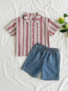 SHEIN 小男孩春夏翻领休闲条纹短袖衬衫和时尚百搭水洗牛仔短裤套装