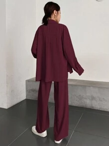 DAZY Women's Solid Color Single-Breasted Long Sleeve Shirt And Loose Casual Pants 2 Pieces Set - Burgundy - View 2