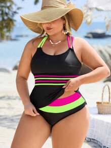 Swim Lushoire 加大码 2 件纯黑色拼布时尚假日和日常穿着分体式比基尼套装，带可调节肩带，凸显身材