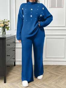 EURMUSE Women's Pearl Beaded Knit Sweater 2pcs/Set - Royal Blue - View 5