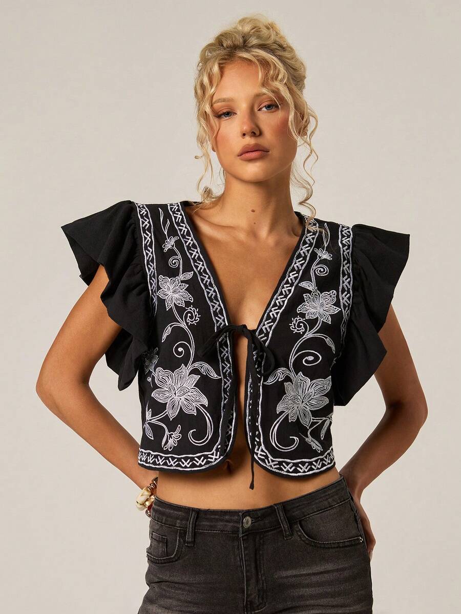 SHEIN Forever 21 Áo ba lỗ thêu tay ngắn mùa xuân mới cho kỳ nghỉ bãi biển dành cho nữ - màu đen - Xem 1