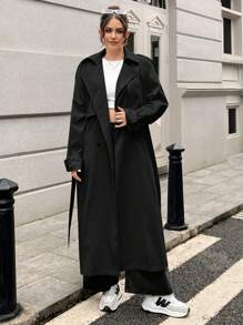 SHEIN EZwear Women Plus Size Long Sleeve Casual Black Long Trench Coat - Black - View 4
