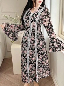 Seusyu 女式优雅花卉印花蕾丝花边喇叭袖连衣裙 - 黑色 - 查看 6