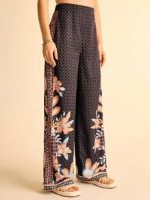 CAJUNI Floral Print Women's Casual Pants, Vacation Style - Black - View 8