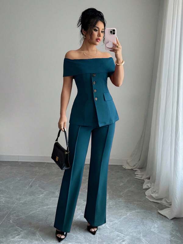 Elenzga 1pc Women's Off Shoulder Fitted Straight Leg Pants, Elegant Romantic Minimalist Business Suit