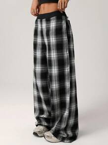 SHEIN ICON Pantalones casuales de estilo básico para mujer con patchwork de cuadros en blanco y negro de cintura baja y pierna acampanada