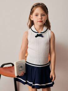 PrepCrw 少女学院风海军领针织毛衣背心 - 藍白色 - 查看 8