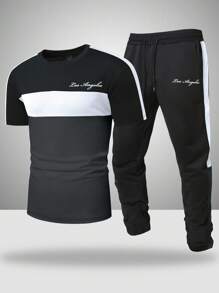 Manfinity Homme 男士夏季字母印花拼色短袖T恤和抽绳腰裤休闲套装男黑色两件套男士两件套休闲装男士黑白装男士慢跑装男士两件套运动服 - 彩色 - 查看 4