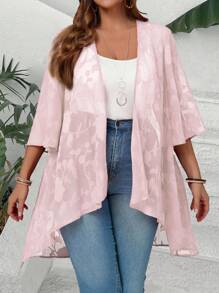 EMERY ROSE Plus Size Women Spring/Summer Casual Vacation Style Jacquard Flared Sleeve Asymmetrical Hem Sheer Jacket,Fall Women Clothes - Pink - View 1