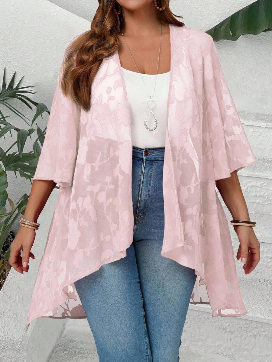 EMERY ROSE Plus Size Women Spring/Summer Casual Vacation Style Jacquard Flared Sleeve Asymmetrical Hem Sheer Jacket,Fall Women Clothes - Pink - View 1