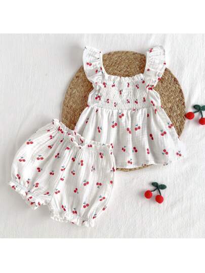 Loomiva Baby Girl Strawberry Pattern Square Collar Ruffle Hem Sleeveless Top And Bloomers 2 Pieces Set