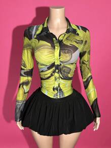 Slaydiva 2025 新款夏季音乐节、复活节、生日派对、日常休闲、度假、邮轮旅行、海滩、日光浴、热门热卖、街头服饰、优雅、性感约会之夜、甜美网眼梦幻彩色印花长袖褶饰女式衬衫上衣