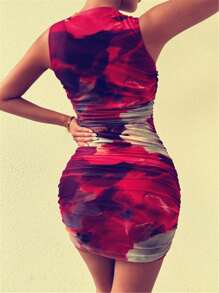Chiquease Women Summer Tie Dye Print Sleeveless Ruched Bodycon Tank Dress For New Year Clothes