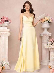 SHEIN 少女优雅褶饰垂坠领口开衩超长吊带裙，米色 - 杏色 - 查看 1
