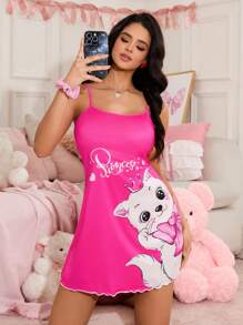 SweetSlumber 甜美 INS 风格可爱猫咪蝴蝶结图案印花女士吊带睡裙 - 彩色 - 查看 5
