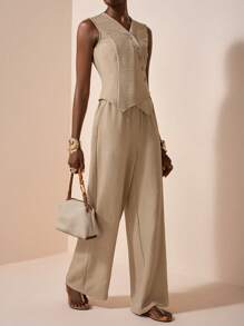 Zivah 2025夏季新款：适合生日派对、返校季、学院风、学生装、日常穿着、基础百搭、休闲、度假、邮轮、沙滩、海边、日光浴、网络流行风格、街头风、优雅、通勤、商务休闲、俱乐部风格、V领无袖、不对称斜开门扣可打开、修身上衣和直筒裤，有真口袋、卡其色纹理面料、夏季套装、女式两件套西装 - 杏色 - 查看 2