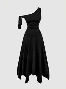 SHEIN MOD فستان ميدي رسمي أنيق بتصميم فرنسي عتيق غير متماثل الذيل مع فيونكة - كشف الكتف، بطراز السبعينات، مثالي للمواعيد والعطلات وحفلات أعياد الميلاد والملابس الاحتفالية وارتداء الحفلات، وملابس الشاطئ للمرأة، وملابس حفلات الموسيقى الريفية، وملابس المكتب للنساء، والملابس الجوتية - الأسود - مشاهدة 2