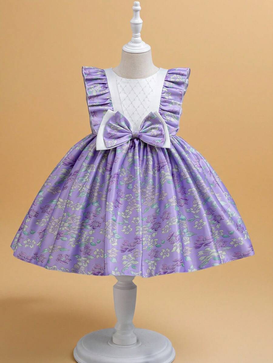 Glamorique Kids 年轻女孩花卉印花拼布连衣裙,配蝴蝶结装饰和荷叶边下摆 - 紫色 - 查看 1